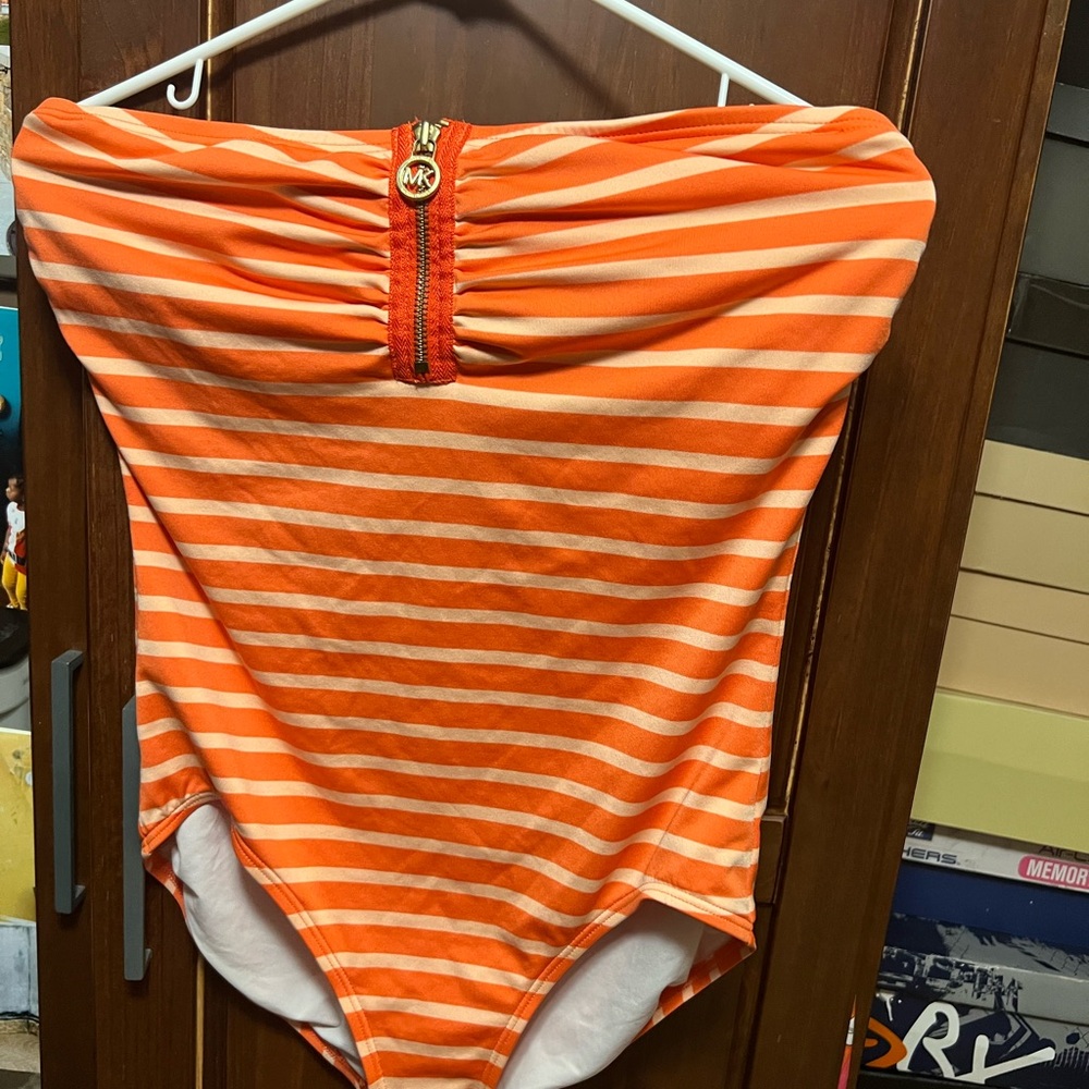 Michael Kors Orange and White Striped Swimsuit